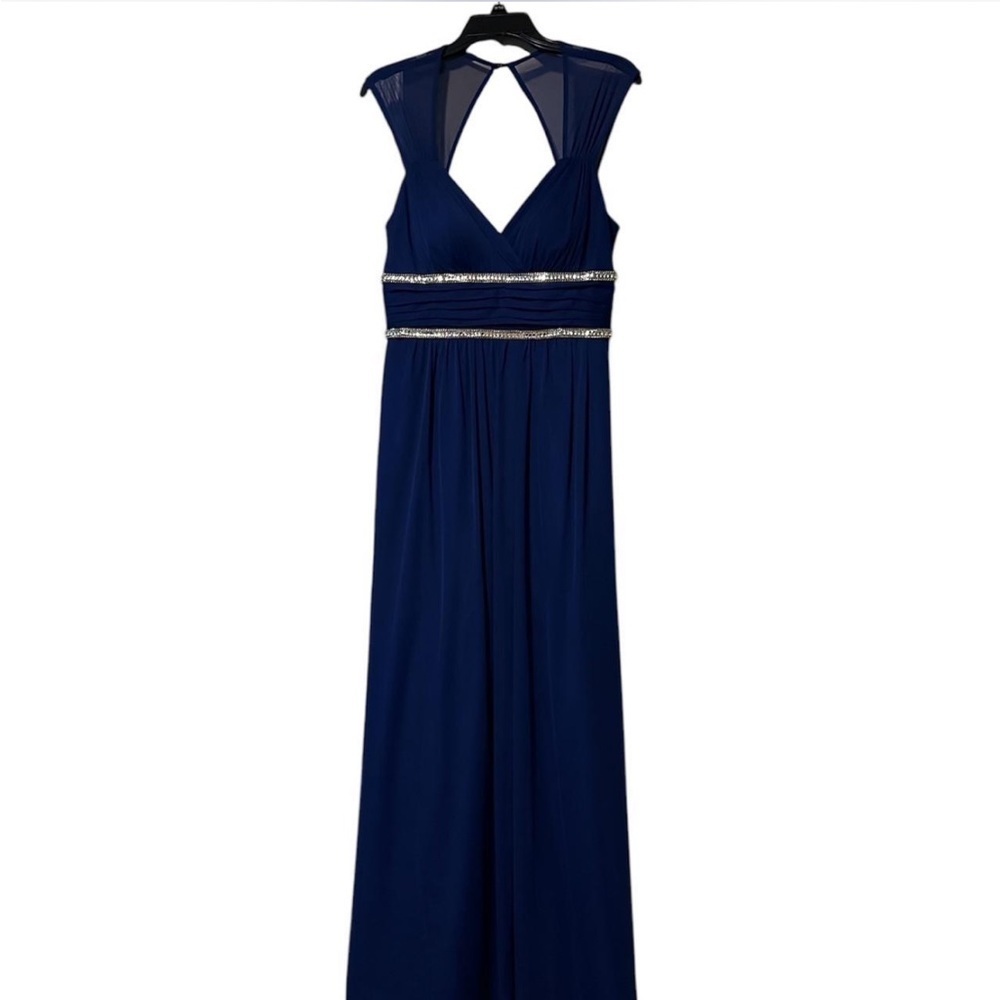 Blondie Nites Navy and Silver Grecian-Style Prom Dress
